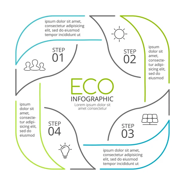 Vektör daire okları yeşil eco doğrusal Infographic bırakır. Ekoloji diyagramı, grafik, tanıtım, grafik. Organik doğa kavramı ile 4 seçenekleri, parçalar, adımları. — Stok Vektör