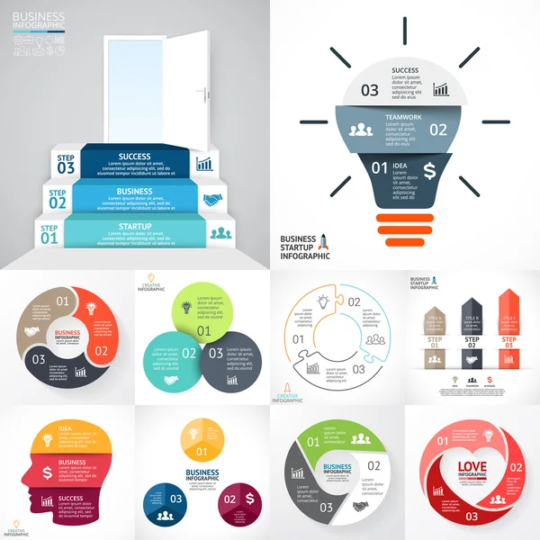 Conjunto infográfico de círculo vetorial. Diagramas de negócios, gráficos de setas, apresentações de logotipo de inicialização, gráficos de ideias. Opções de dados, 3, 4, 5, 6, 8 partes, passos, processos. Coração, lâmpada, cabeça, escadas . — Vetor de Stock