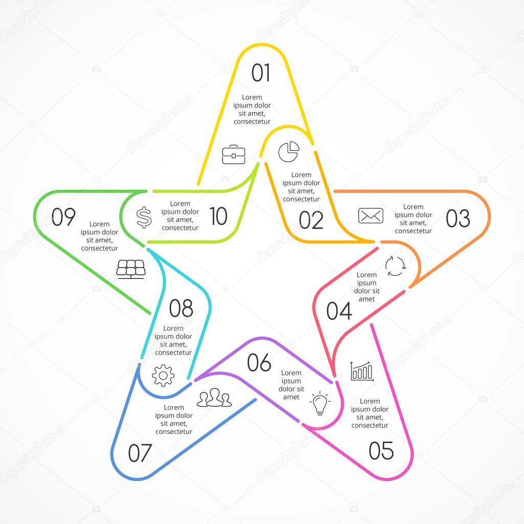 Vector circle linear color star symbol infographic. Template for cycle diagram, graph, favourite presentation, celebrity chart. Business logo concept sign with 10 options, parts, steps, processes.