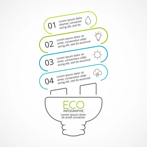 Vector energy efficient light bulb eco linear infographic. Ecology diagram, graph, presentation, chart. Organic nature concept with 4 options, parts, steps. — Stock Vector