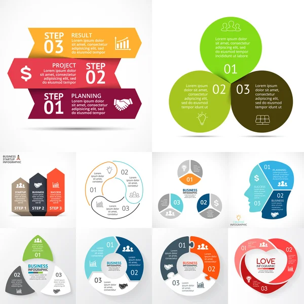 Sada vektorový infographic kruh. Obchodní diagramy, grafy šipky, spouštěcí logo prezentace, myšlenka grafů. Možnosti dat, 3 díly, kroky, postupy. Srdce, hlava, eco listy, puzzle. — Stockový vektor