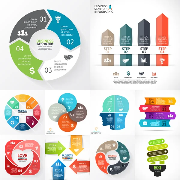 Conjunto infográfico de círculo vetorial. Diagramas de negócios, gráficos de setas, apresentações de logotipo de inicialização, gráficos de ideias. Opções de dados, 4 partes, etapas, processos. Coração, lâmpada, cabeça, foguete, médico mais . —  Vetores de Stock