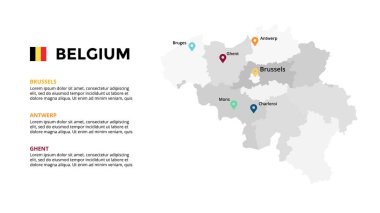 Belçika vektör haritası bilgi şablonu. Slayt sunumu. Küresel iş pazarlama konsepti. Renkli Avrupa ülkesi. Dünya ulaşım coğrafyası verileri. 