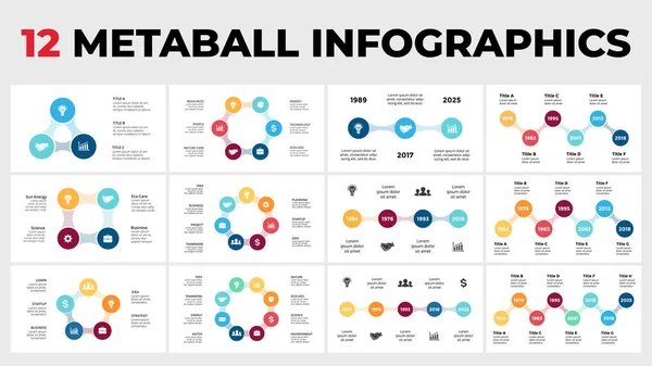 12 Infográficos Metaball. Diagramas de Círculo e Modelos de Linha do Tempo definidos para sua apresentação. — Vetor de Stock