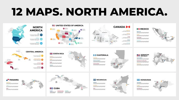 Nord- und Mittelamerika Vektorkarte Infografiken. USA, Kanada, Mexiko. 12 Vorlagen für Diapräsentationen. Geographische Daten des weltweiten Verkehrs. Globales Geschäftsmarketing-Konzept. Vektorgrafiken