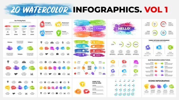 20 szablonów infograficznych akwareli. Szczotka bije transparenty. Idealny dla każdej branży, od mediów społecznościowych lub startupów po biznes i kreatywne myślenie. Tom 1. Wektor Stockowy