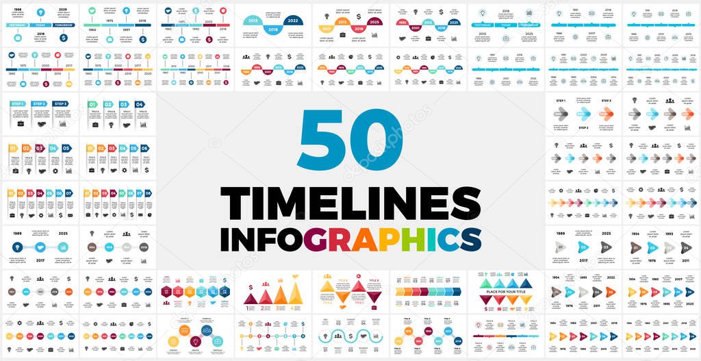 50 Timelines Infographic templates for your presentation. Perfect for any industry from social media or startups to business and marketing.