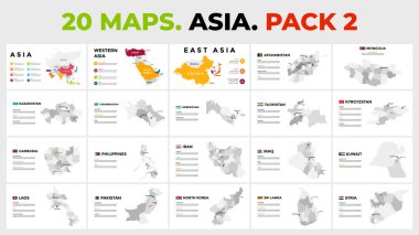 Asia vector map infographic templates. Slide presentation. Includes 20 info graphics. Pack 2. clipart
