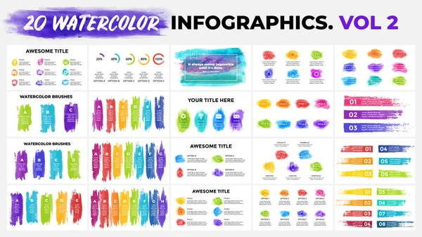 20 Aquarell-Infografik-Vorlagen. Pinsel streicht über Banner. Perfekt für jeden Zweck, von Präsentationen oder Webelementen bis hin zu Print oder Grafiken. Stockvektor