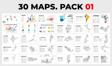 1 pakette 30 Harita Bilgi Şablonu. Taşralı vektör ülkeler. Tüm dünyayı içerir - Avrupa, Asya, Amerika, Afrika, Avustralya.