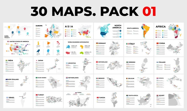 30 map Infographic Templates in 1 pack. Vektorové země s provinciemi. Zahrnuje celý svět - Evropu, Asii, Ameriku, Afriku, Austrálii. Stock Ilustrace
