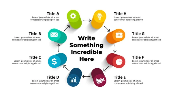 3D Vector Perspective Infographic. Presentation slide template. 8 step options with arrows. Circle diagram concept. View from above. — Stock Vector
