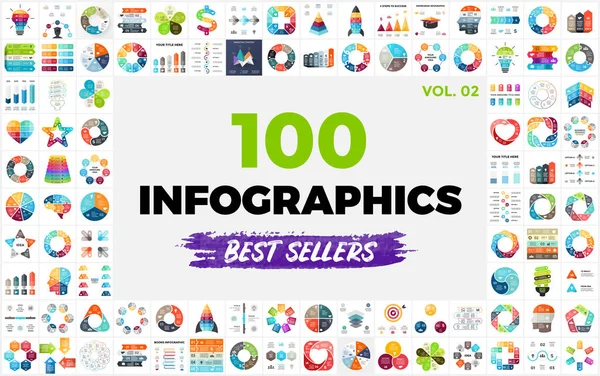 100 meistverkaufte Infografik-Vorlagen. Teil 2. Perfekt für jeden Zweck, von Präsentationen oder Webelementen bis hin zu Print oder Grafiken. — Stockvektor
