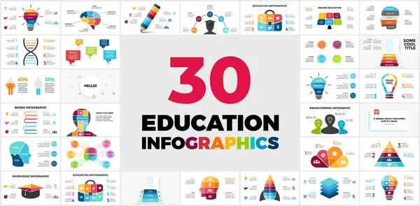 30 Infográficos Educacionais. Modelo de apresentação. Inclui elementos criativos, como lâmpada para a sua ideia, cabeça humana e cérebro para mostrar processos de pensamento e aprendizagem, etc. — Vetor de Stock