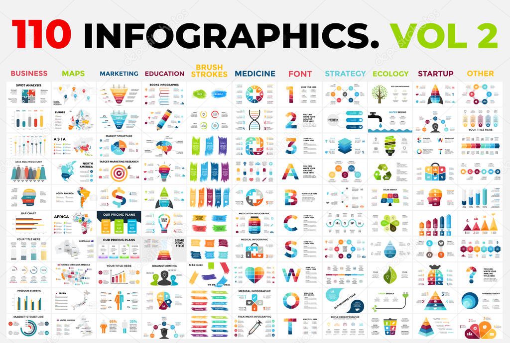 110 Vector Infographic Templates vol 2. Included categories from business or marketing to medicine, ecology and education. Presentation layout.
