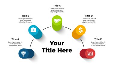 3D Vektör Perspektif Bilgileri. Sunum kaydırma şablonu. 5 adım seçenekleri. Çizelge konsepti. Yukarıdan görüntüle.
