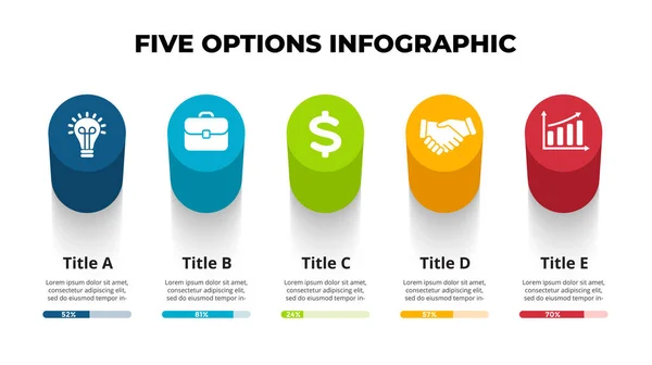 Perspective vectorielle 3D Infographie. Présentation diapositive modèle. Options en 5 étapes. Concept de graphique. Coloré créatif info graphisme. — Image vectorielle