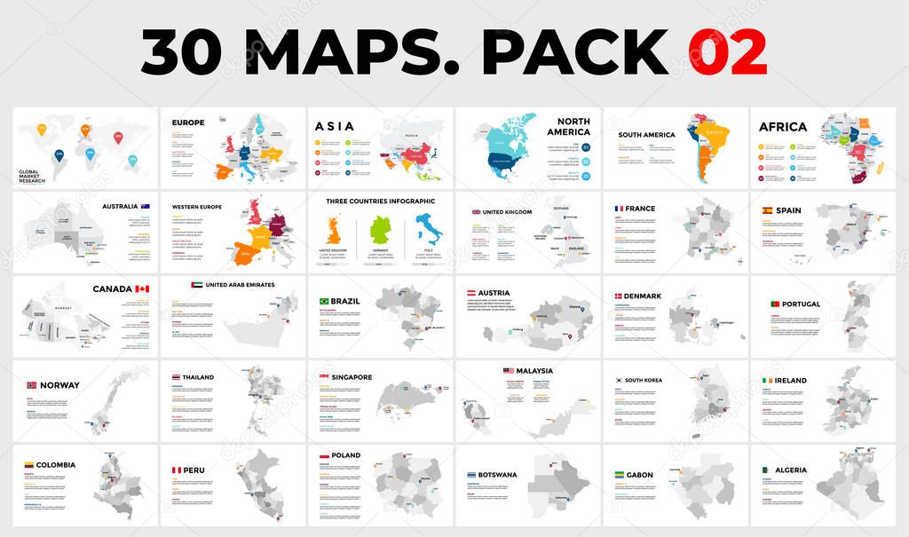 30 Map Infographic Templates for your tourism project. All countries divided into regions. Global communication concept. Info graphics data set 2.