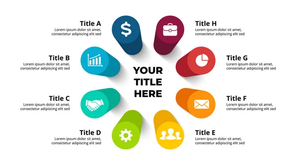 Perspective vectorielle 3D Infographie. Présentation diapositive modèle. Options en 8 étapes. Concept de diagramme circulaire. Coloré créatif info graphisme. — Image vectorielle