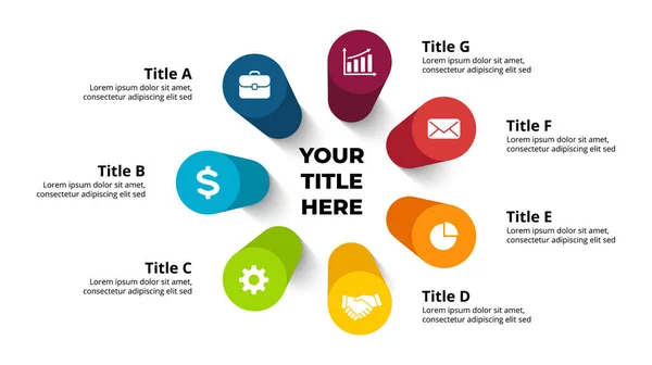 Perspective vectorielle 3D Infographie. Présentation diapositive modèle. Options en 7 étapes. Concept de diagramme circulaire. Coloré créatif info graphisme. Vecteurs De Stock Libres De Droits
