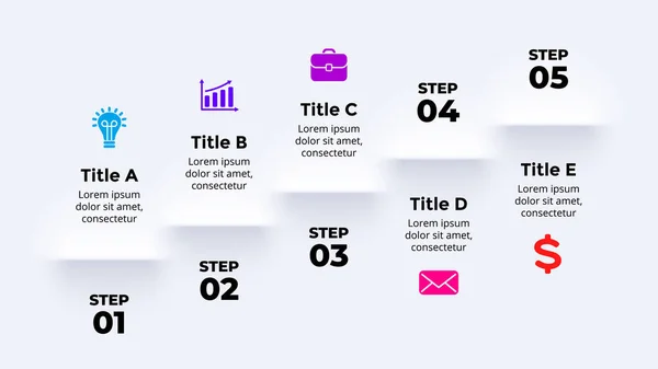 Neumorphic Vector Infografik. Präsentation Folienvorlage. Schattentreppen. 5 Schritte nach oben. Neumorphismus skeuomorphism ui design. Sauberer minimaler flacher Stil. — Stockvektor