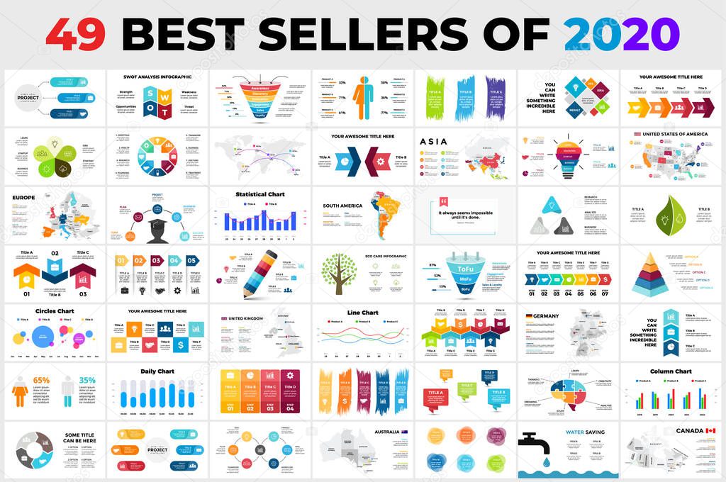 49 Best-Selling Vector Infographics of 2020. Presentation slide templates. Circle diagram charts. Arrows timelines. Maps. Perfect for marketing or business, ecology and education.