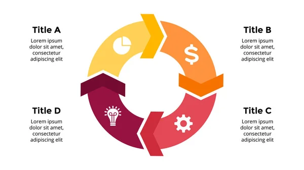 Flechas Vector Infografía. Plantilla de presentación. Diagrama circular. Gráfico con 4 opciones. — Vector de stock