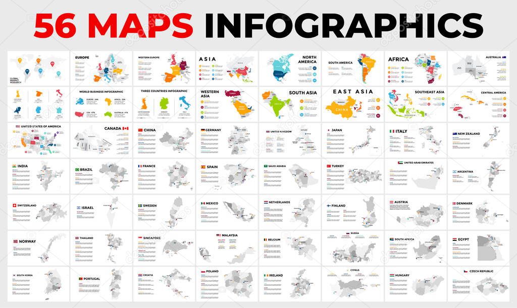 56 Map Infographic Templates for your Presentation. Vector countries with regions. Included all world - Europe, Asia, America, Africa and Australia.