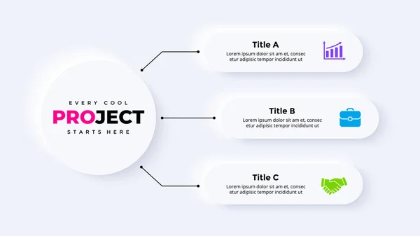 Neumorphic Vector Infographic (en inglés). Plantilla de presentación. Esquema de círculos. 3 opciones. Neumorfismo diseño ui. Estilo plano minimalista limpio. — Archivo Imágenes Vectoriales