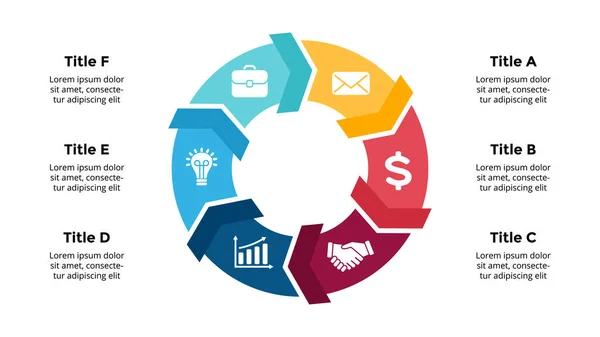 Infográfico vetorial de setas. Apresentação modelo de slide. Diagrama circular. Gráfico com 6 opções. — Vetor de Stock