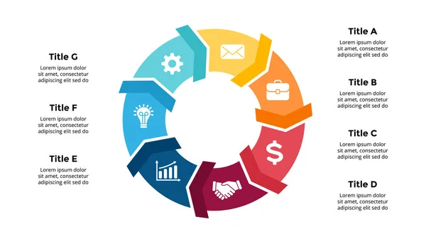 Pijlen Vector Infographic. Presentatie dia sjabloon. Cirkeldiagram. Grafiek met 7 opties. — Stockvector