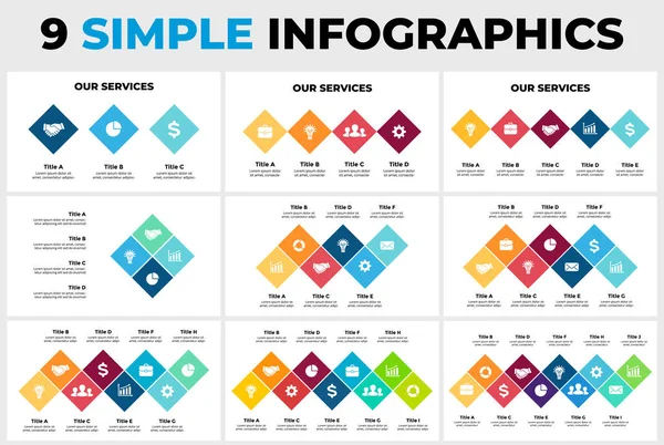 9 rhombus vector infographics. Presentatie dia sjabloon. Datavisualisatie. Schema met vierkanten. — Stockvector