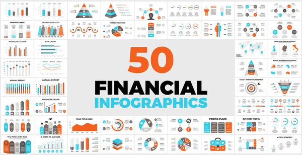 50 modèles d'infographie financière pour votre présentation. Parfait pour votre prochain projet d'entreprise. Comprend des éléments de graphiques, de diagrammes et de rapports. — Image vectorielle