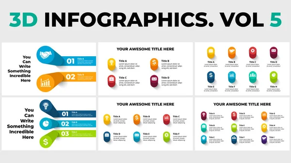 3D Vector Perspective Infographics Pack Vol 5. Apresentação modelo de slide. Colunas de círculo com sombras. — Vetor de Stock