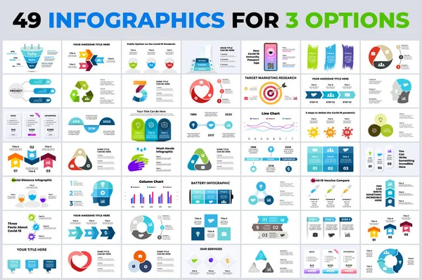 49 Infografiken für 3 Optionen. Pfeile Elemente, Zeitachsen. Vorlagen für Präsentationsfolien. Marketing oder Wirtschaft, Medizin und Ökologie. Kreisdiagramme. Zyklusoptionen. — Stockvektor