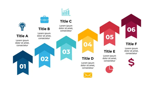 Flèches vectorielles Infographie. Présentation diapositive modèle. Diagramme. Escalier 6 marches. — Image vectorielle