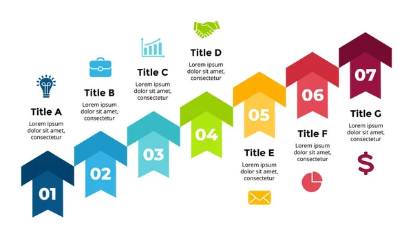 Infográfico vetorial de setas. Apresentação modelo de slide. Diagrama gráfico. 7 degraus escadas. — Vetor de Stock