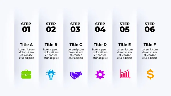 Infográfico vetorial neumórfico. Apresentação modelo de slide. Bandeiras verticais. 6 passos. Visualização dos dados. — Vetor de Stock