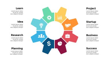 8 adım için bilgi grafikleri, seçenekler. Çember çizimi. Vites sembolü. Logo kimlik konsepti. Sunum kaydırma şablonu. 