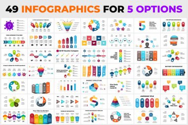 5 seçenek için 49 bilgi grafiği. Ok elementleri, çember şemaları, üç boyutlu zaman çizgileri. Sunum kaydırma şablonları. Pazarlama ya da iş, tıp ve ekoloji. Coronavirus aşısı. 