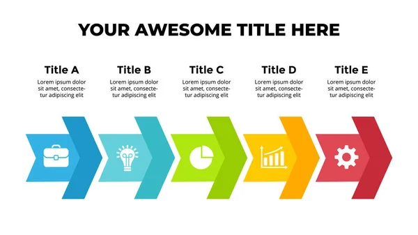 Infográfico vetorial de setas. Apresentação modelo de slide. Diagrama gráfico. 5 passos. — Vetor de Stock