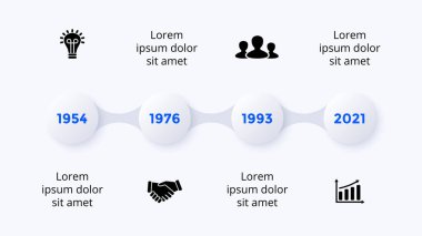 Zaman çizelgesi Neumorfik Vektör bilgi zaman çizelgesi. 4 adım. Sunum kaydırma şablonu. Temiz minimal düz biçim. 