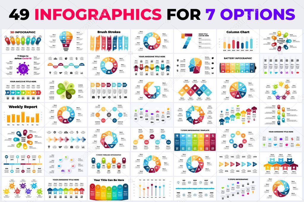 49 Infographics for 7 options. Presentation slide templates. Circle chart diagrams. Cycle options. Business report. Creative signs and symbols.