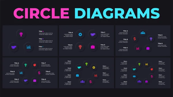 Infográfico vetorial neumórfico. Diagramas de ciclos. Círculos com 3, 4, 5, 6, 7, 8 passos, opções, processos. Apresentação modelo de slide escuro. — Vetor de Stock