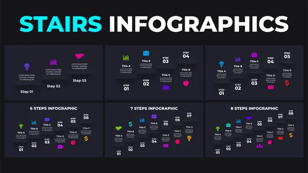 Infográfico vetorial neumórfico. Apresentação modelo de slide. Escadas com 3, 4, 5, 6, 7, 8 passos. Neumorfismo design ui escuro. Limpe o estilo plano mínimo. — Vetor de Stock