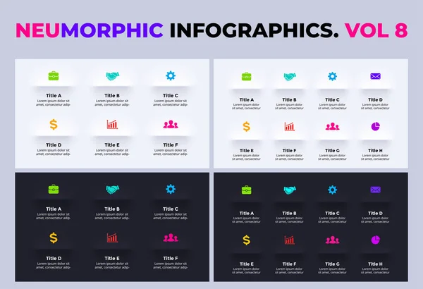 Neumorphic Vector Infographic. Presentation slide template. 6, 8 steps. Light and dark. Neumorphism ui design. Clean minimal flat style. 