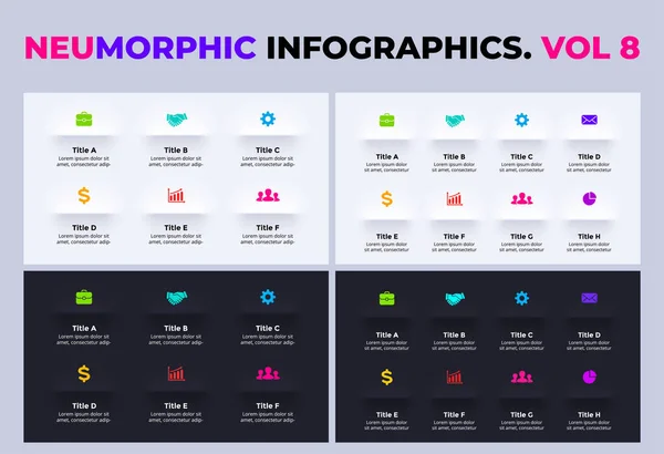 Neumorphic Vector Infographic. Presentation slide template. 6, 8 steps. Light and dark. Neumorphism ui design. Clean minimal flat style. — 图库矢量图片#