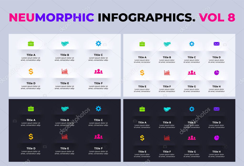 Neumorphic Vector Infographic. Presentation slide template. 6, 8 steps. Light and dark. Neumorphism ui design. Clean minimal flat style. 