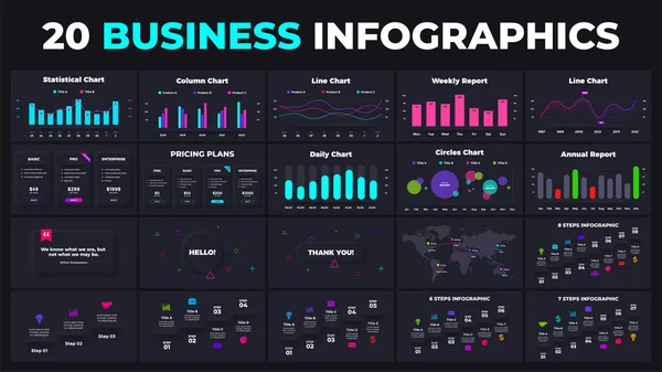 Infográficos neumórficos escuros. Gráficos de negócios vetoriais. Gráfico de apresentação. Modelo de diagrama de marketing. Três, quatro, cinco, seis, sete, oito degraus escadas. Relatório financeiro. — Vetor de Stock