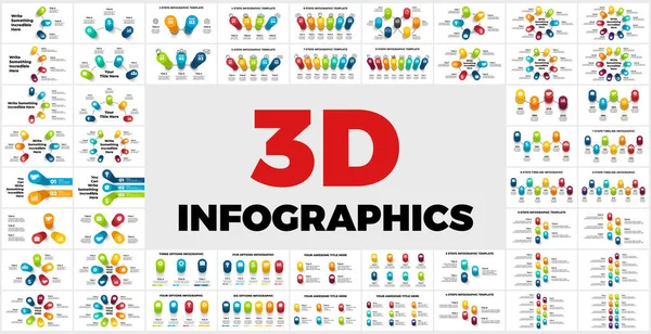 Infográficos de Perspectiva de Vetor 3D. 52 modelos de slides de apresentação. Diagramas, gráficos, elementos de linhas do tempo. Enorme pacote. — Vetor de Stock
